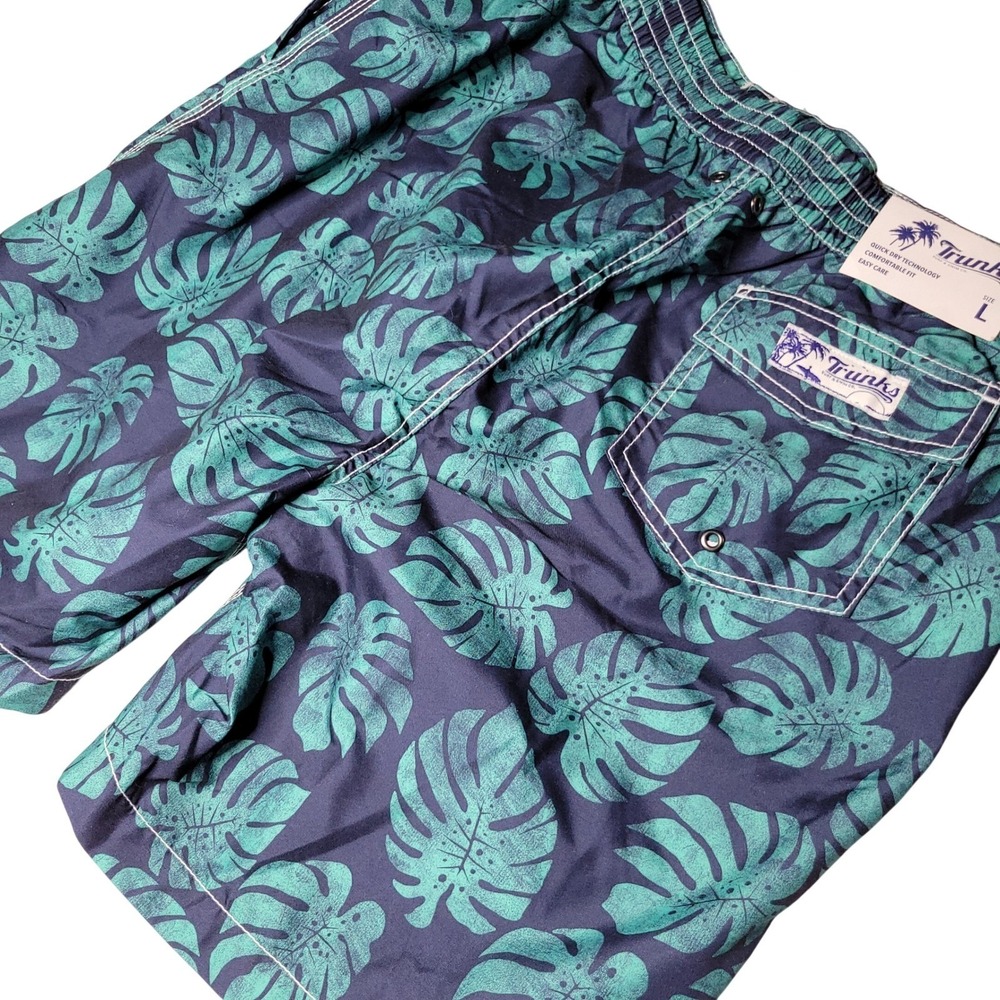 Trunks Surf & Swim Co Mens Board Shorts Navy Teal Monstera Tropical Print L NEW
